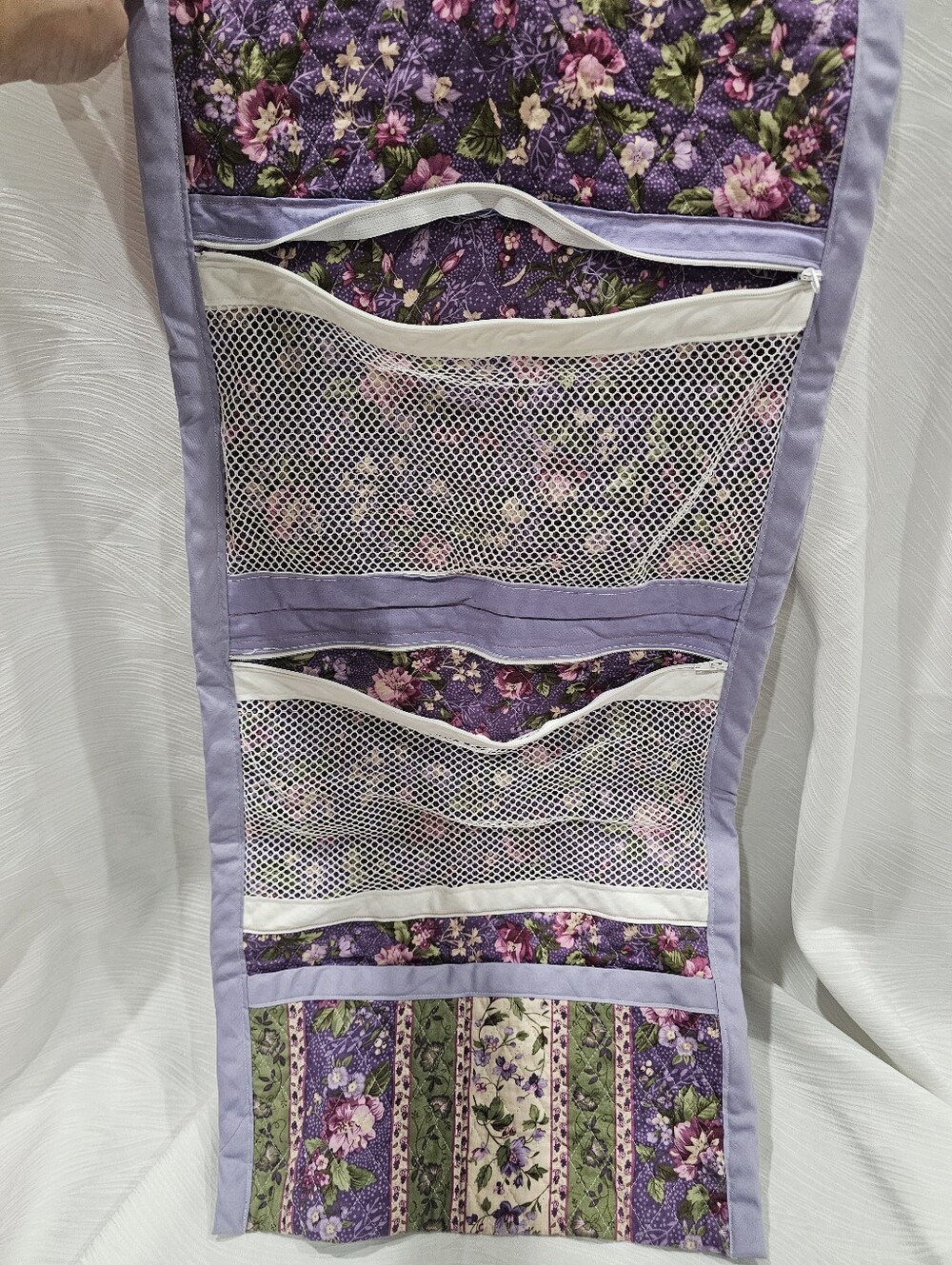 Handcrafted Floral Hanging Foldable Organizer with Mesh Pockets - Picture 1 of 9